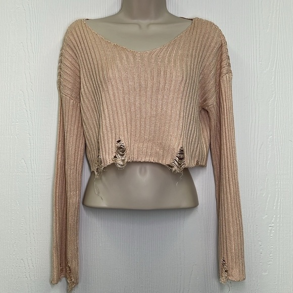 Urban Outfitters - Cream Ribbed Distressed Crop Long Sleeve Sweater Size Small - Picture 2 of 12